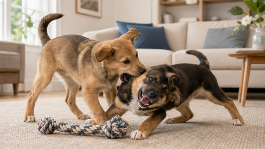 Two young dogs play mouthing with loose bodies beside a rope toy
