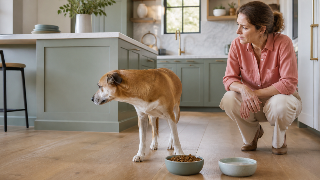 Concerned owner noticing that an adult dog has left a measured meal untouched