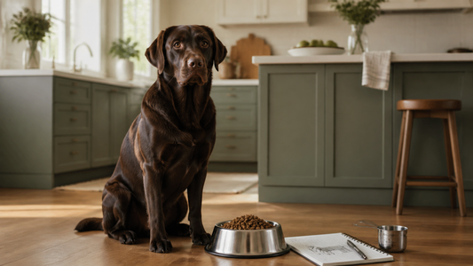 Adult Labrador beside a complete and balanced meal with a portion log