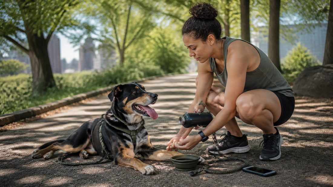 Owner stopping in the shade to check a tired dog and offer water