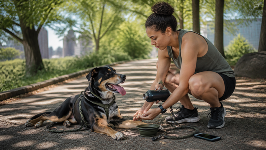 Owner stopping in the shade to check a tired dog and offer water