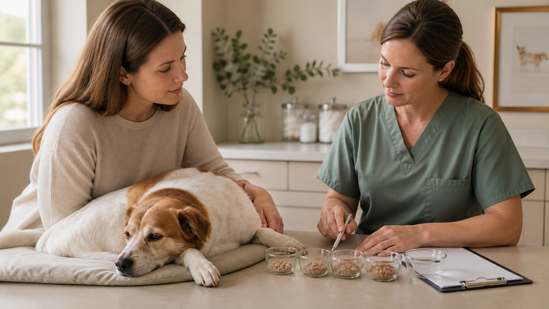 Veterinarian and owner planning small measured meals for a dog recovering from pancreatitis