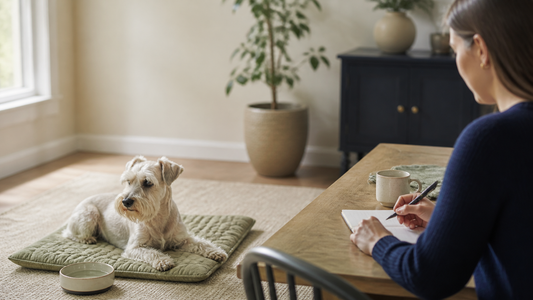 Schnauzer resting by water while an owner records a pancreatitis care plan