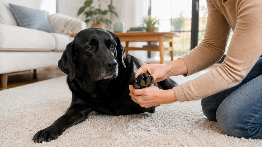 Owner gently inspecting the front paw of a black Labrador in a bright living room