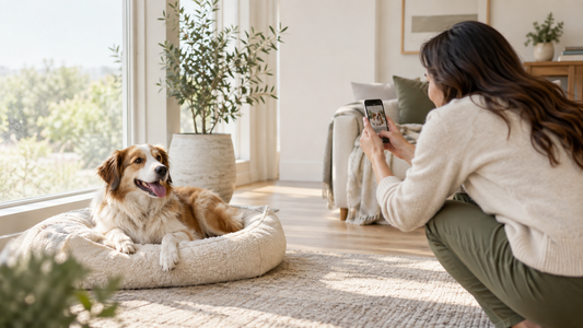 Owner photographing a relaxed dog with a phone beside a bright window in an American home