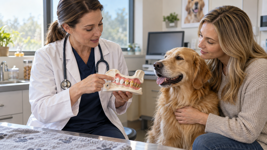 Veterinarian and dog owner comparing plaque and hardened tartar on a canine dental teaching model