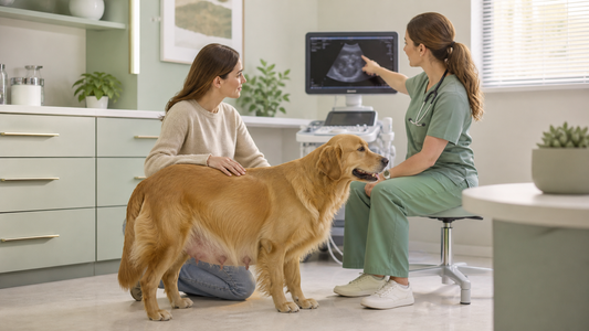 Pregnant golden retriever with owner and veterinarian reviewing an ultrasound