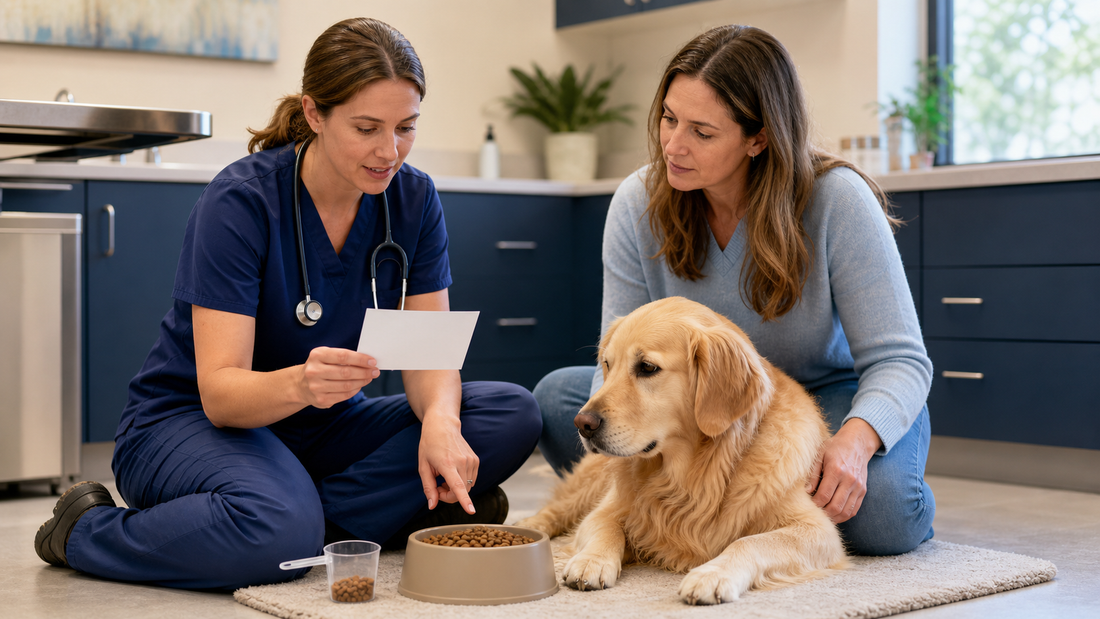 Dog owner and veterinarian comparing unbranded probiotic and prebiotic products