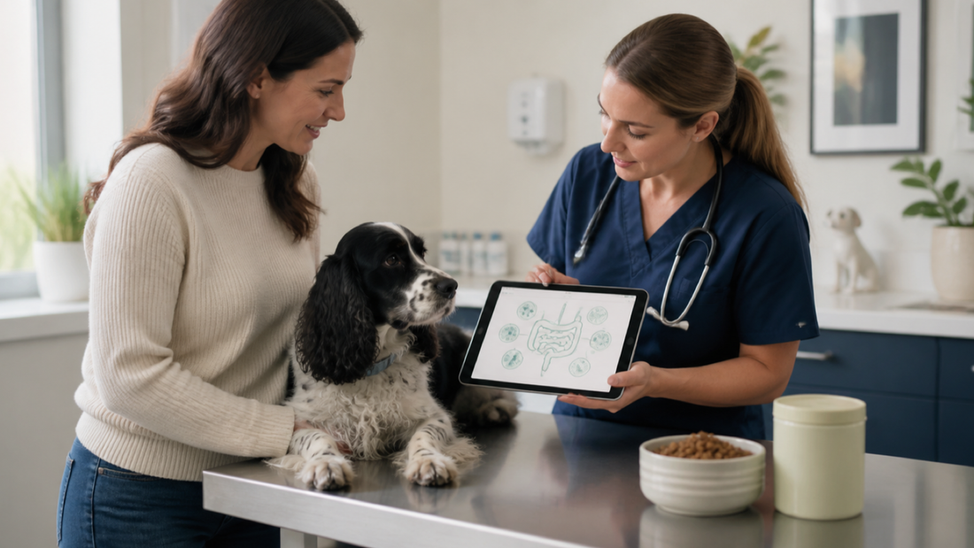 Veterinarian explaining a dog gut-health diagram to a spaniel owner during a nutrition consultation