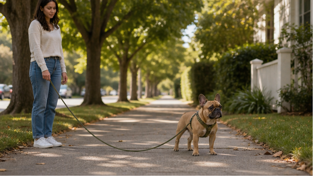 Dog pausing on a neighborhood walk while the handler offers a loose leash and space