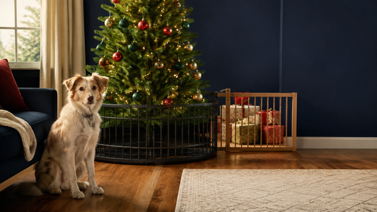 Cream-and-copper dog beside an anchored Christmas tree and protected gifts