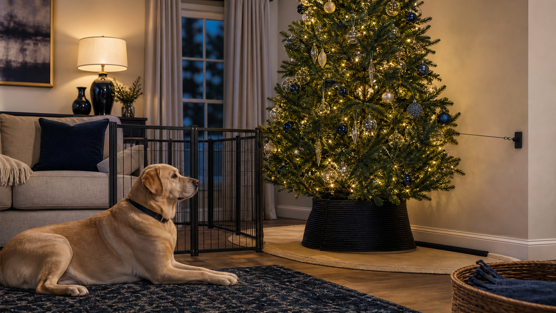 Dog resting behind a gate beside a secured and dog-proofed Christmas tree