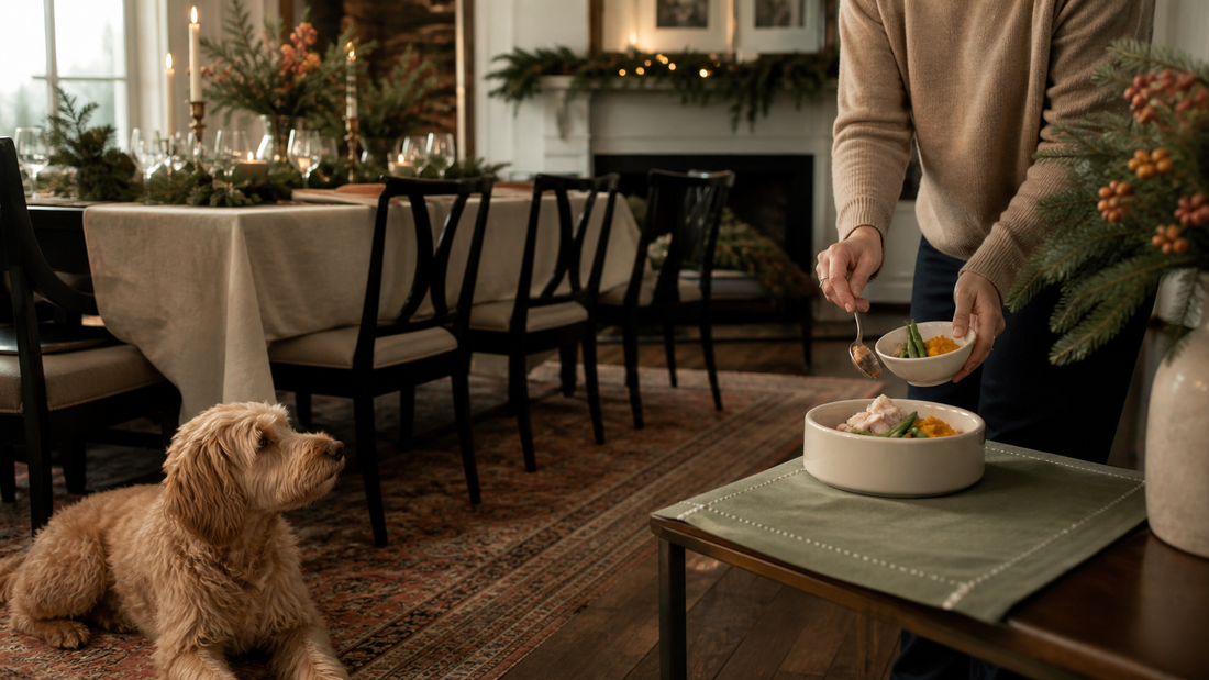 Owner plating a small dog-safe holiday portion while a calm dog waits away from the table