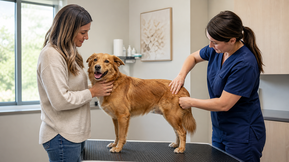 Veterinarian performing a calm non-graphic tail-base comfort check on an auburn dog with its owner