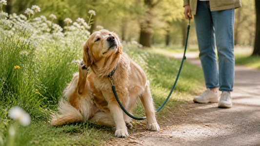 Golden retriever scratching near spring flowers and grass