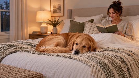 Golden Retriever resting on a washable throw at the foot of an owner's bed