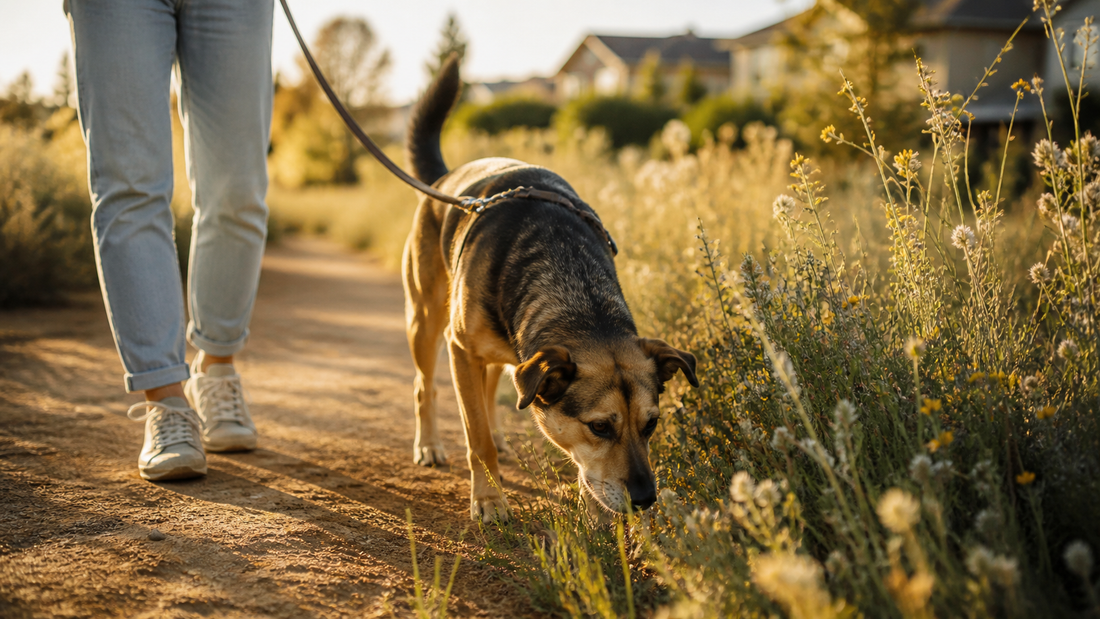 Dog sniffing native grasses during a calm loose-leash neighborhood walk