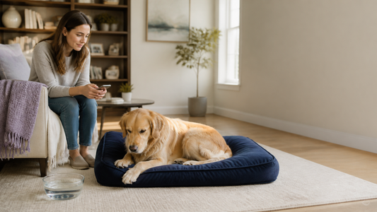Golden retriever resting on a navy bed while an owner monitors stomach discomfort