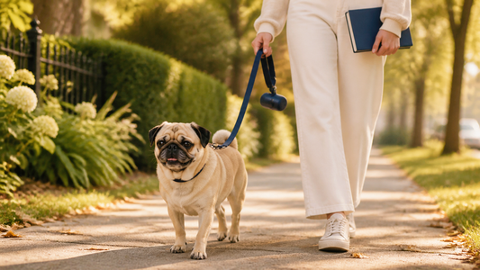 Fawn pug walking with its owner carrying a waste bag dispenser and health notebook