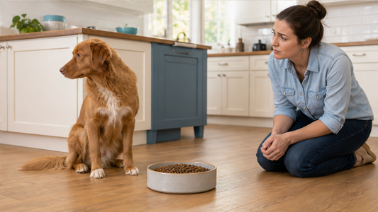 Dog turning away from a bowl of dry food while its owner observes