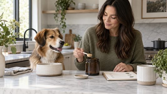 Owner reviewing an unbranded dog supplement label with a veterinarian beside an adult dog