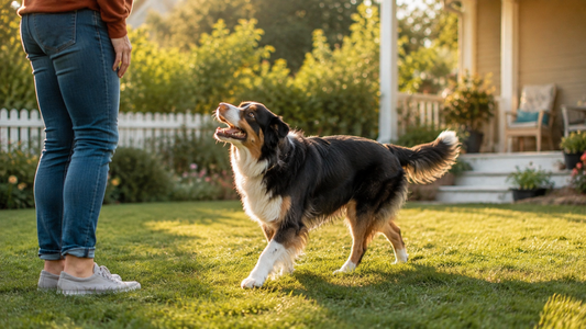 Loose Australian shepherd greeting an owner with a relaxed natural tail carriage