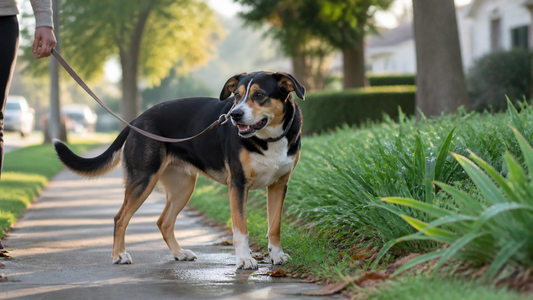 Alert dog briefly chattering its teeth after investigating a scent on an outdoor walk