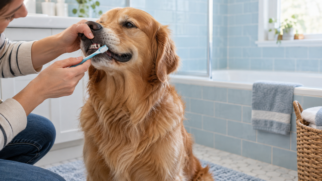 Golden retriever calmly having the outer teeth brushed with a soft pet toothbrush