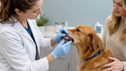 Veterinarian gently checking an adult dog's teeth and gums while the owner provides reassurance