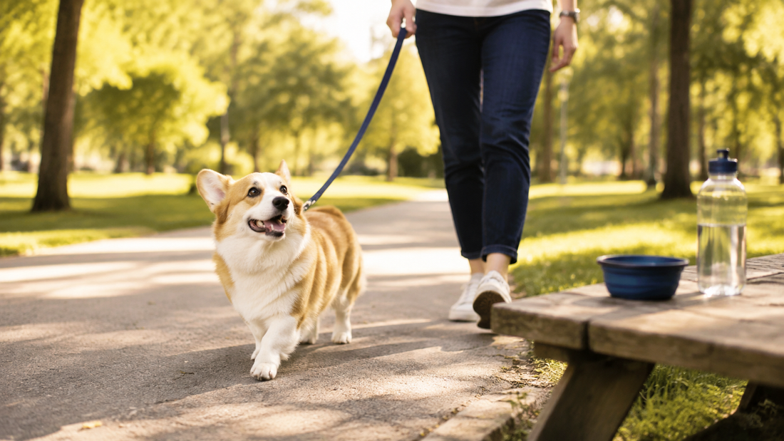 Corgi walking in a sunny park beside a portable water bowl