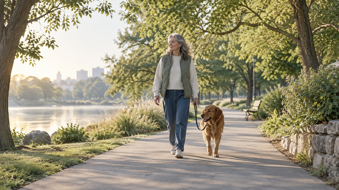 Adult and dog taking a calm morning walk on a leafy accessible path in an American neighborhood