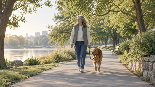Adult and dog taking a calm morning walk on a leafy accessible path in an American neighborhood