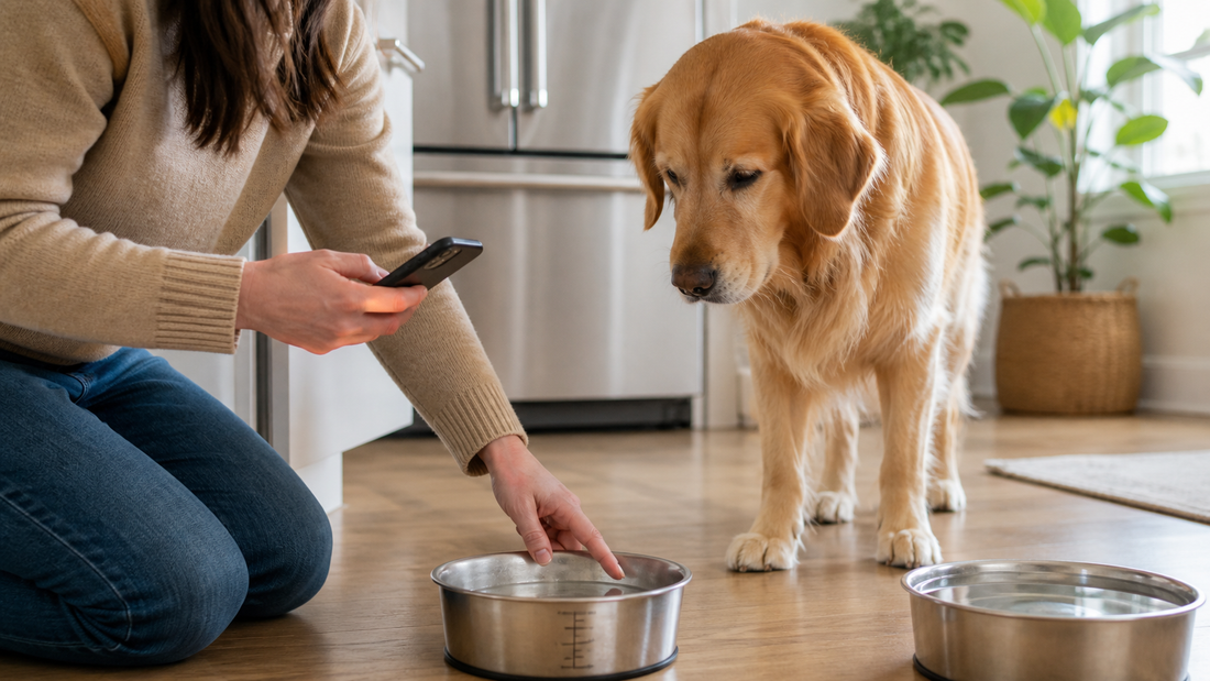 Owner checking the water level in two bowls while a golden retriever pauses nearby