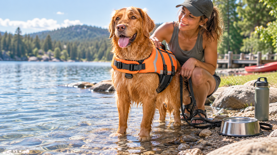 Dog wearing a fitted canine life jacket beside an owner at a calm American lake shore