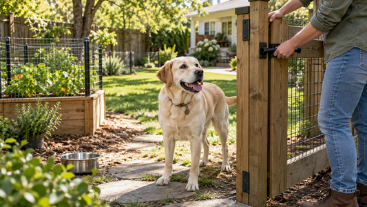 Yellow Labrador in a secure backyard while an owner checks the gate latch