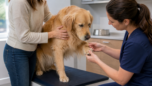 Veterinarian checking a Golden Retriever's paw for signs of yeast-related skin irritation