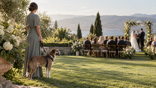 Relaxed dog with a dedicated handler at an outdoor American wedding away from the guest crowd