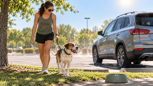 Owner leading an adult dog away from a parked SUV toward shade and water