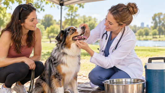 Veterinarian demonstrating a summer comfort check with an Australian Shepherd and owner