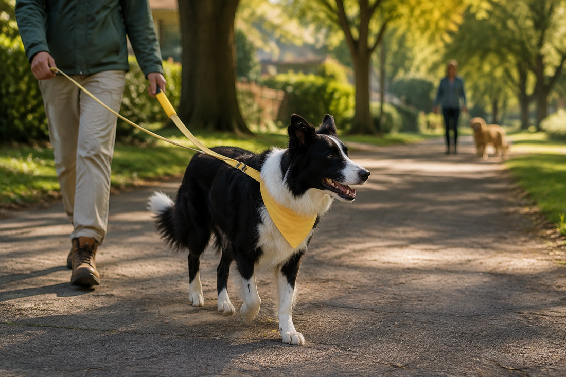 Black-and-white border collie in a yellow bandana walking while another dog stays far away