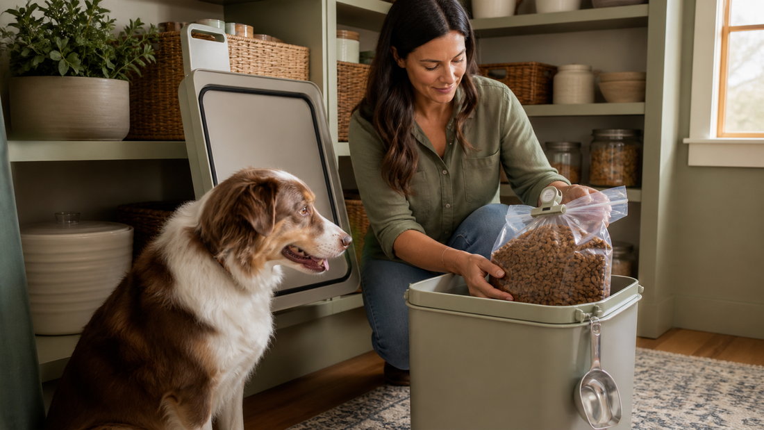 Owner storing a sealed original kibble bag inside a clean pantry container