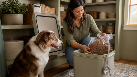 Owner storing a sealed original kibble bag inside a clean pantry container