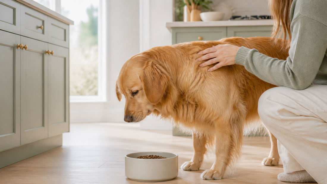 Owner checking an adult Golden Retriever with a dry, dull coat
