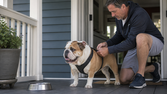 Owner checking an English Bulldog's harness after a short walk on a shaded American porch