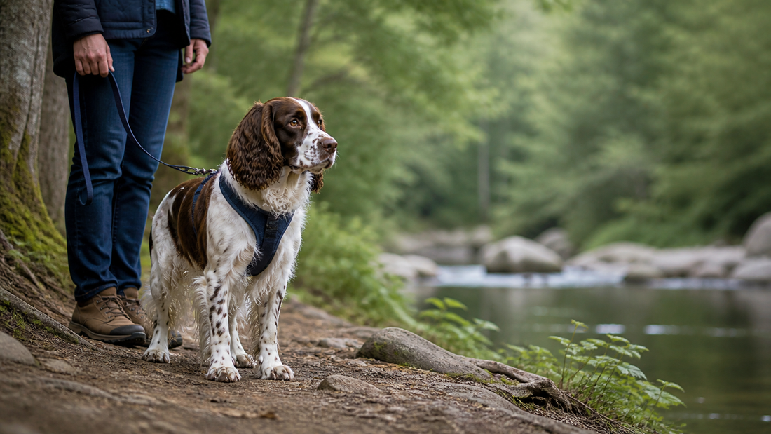 Liver and white English Springer Spaniel standing on a wooded American trail with its owner