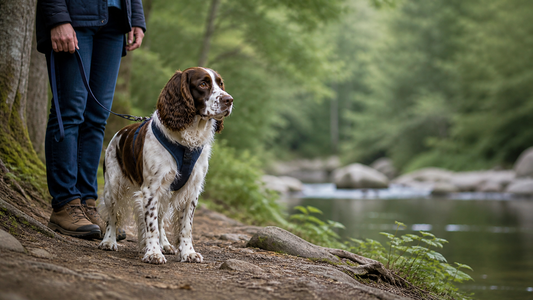 Liver and white English Springer Spaniel standing on a wooded American trail with its owner