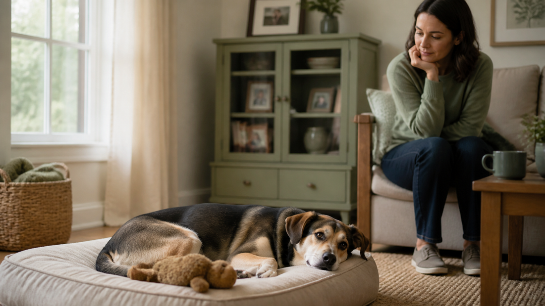 Owner observing nesting behavior in a dog with signs of false pregnancy