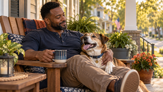 Dog dad relaxing with his dog on Father's Day in a bright American home