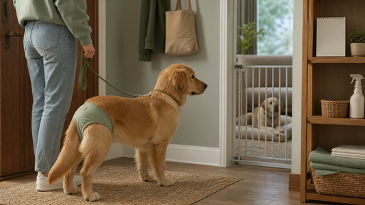 Female puppy in a washable protective brief kept safely separated from a male dog by a secure gate