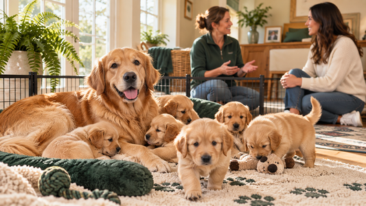 Golden retriever mother with her puppies while a breeder speaks with a prospective owner